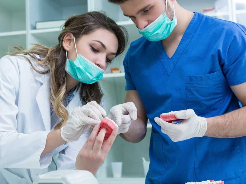 Estudiantes de odontología de la UVM revisando una pieza dental