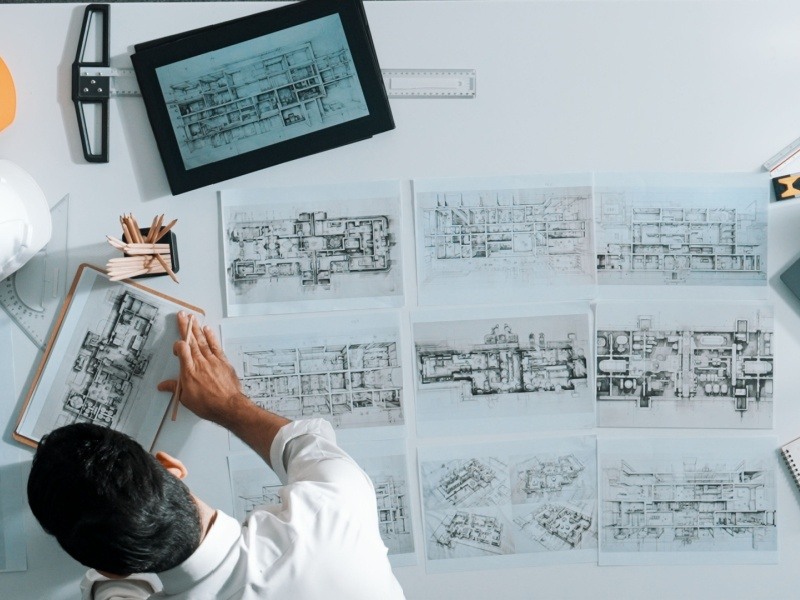 Arquitecto revisando planos arquitectónicos en una mesa de trabajo con herramientas de diseño y borradores de edificios.