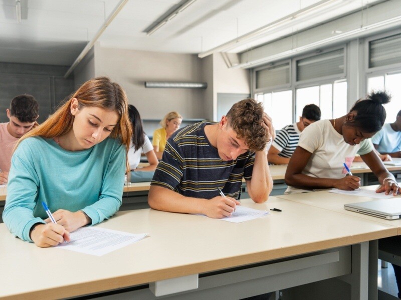 Diversos estudiantes concentrados en un examen, parte del proceso de admisión para la convocatoria UAM 2025 en la Universidad Autónoma Metropolitana.