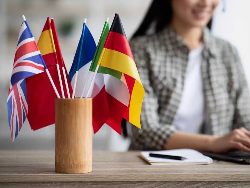 Banderas de diferentes países representando idiomas estudiados en la licenciatura en lenguas extranjeras, ideal para traductores y profesores.