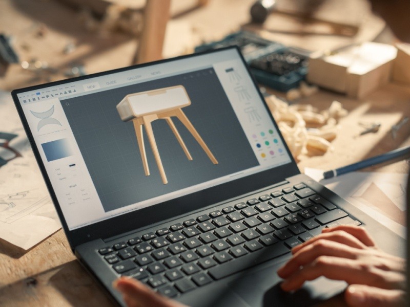 Diseñador industrial trabajando en un modelo 3D de un mueble en una computadora portátil, en un taller creativo.