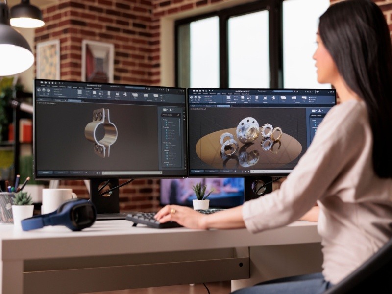Diseñadora industrial creando un modelo de piezas mecánicas en software CAD en una estación de trabajo con dos monitores.