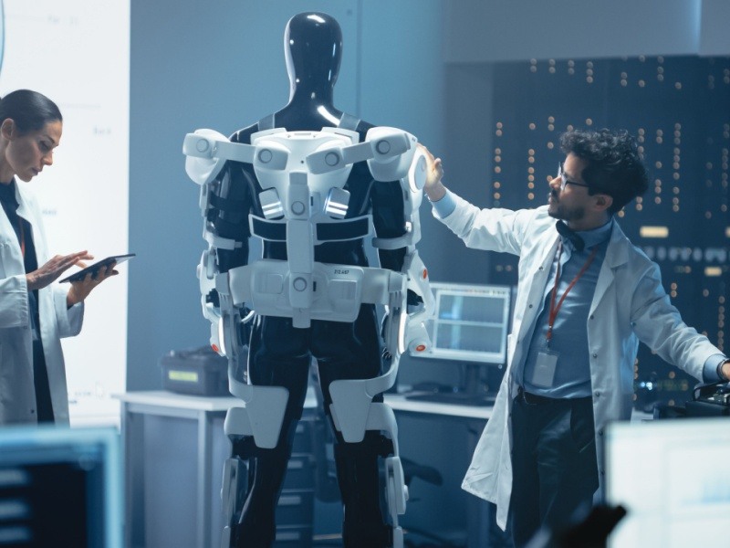 Ingenieros biomédicos trabajando en el desarrollo de un exoesqueleto en un laboratorio de tecnología avanzada.