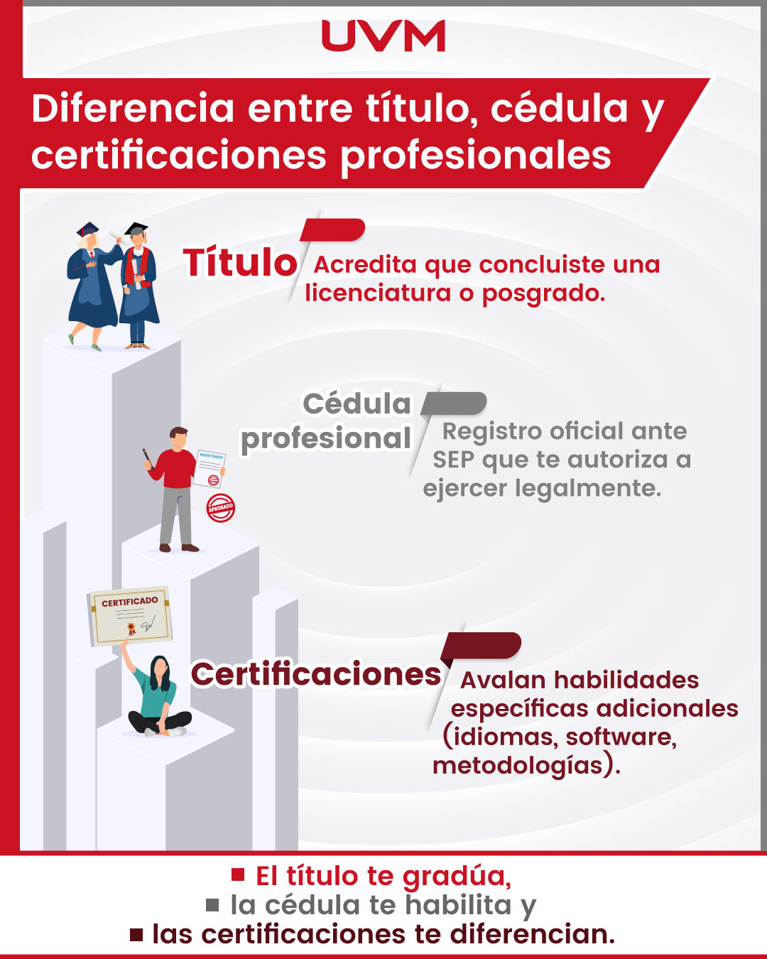 Infografía Diferencias entre título, cédula profesional y certificaciones