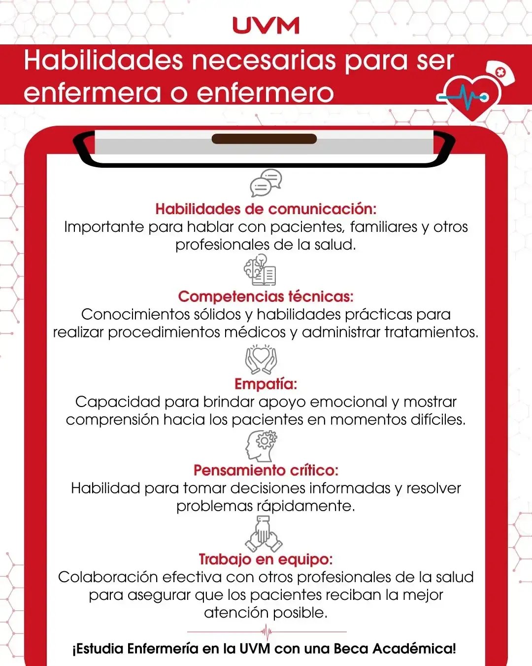 Infografía UVM sobre habilidades necesarias para estudiar enfermería – Comunicación, empatía, trabajo en equipo y pensamiento crítico en la formación profesional.