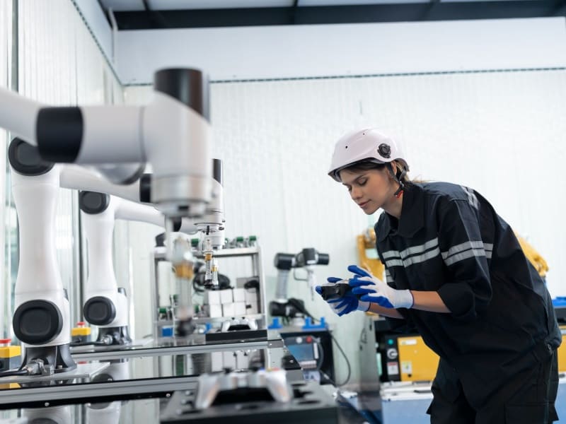 Ingeniera operando un sistema de automatización industrial con brazo robótico en entorno tecnológico.