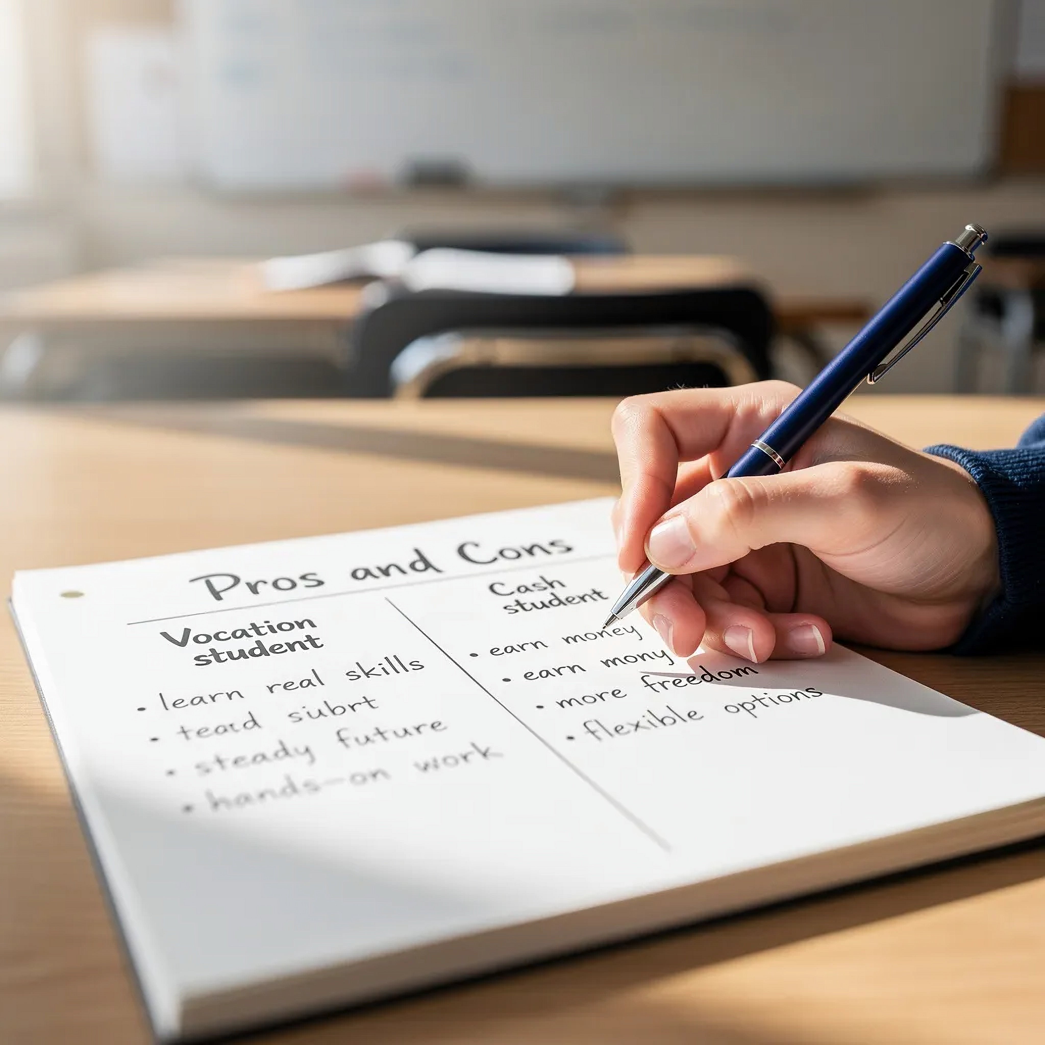 Mano de estudiante escribiendo lista de pros y contras para elegir carrera entre vocación o dinero