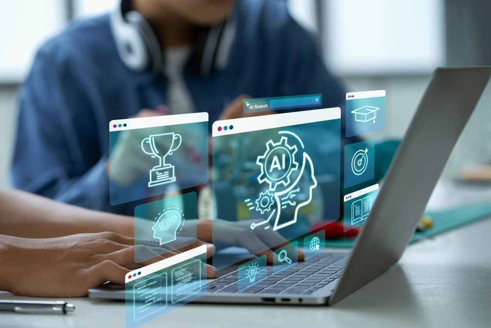 Estudiante utilizando herramientas de inteligencia artificial en su computadora para estudiar y resolver tareas académicas.