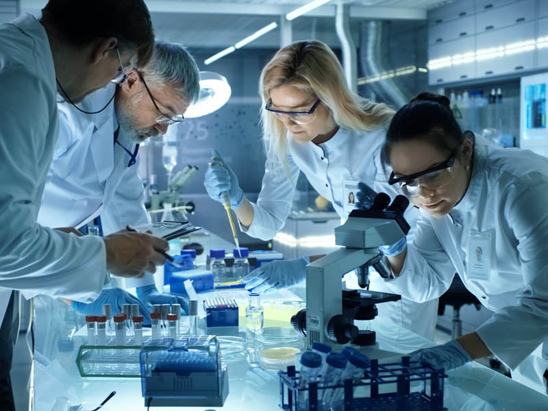 Equipo de investigadores trabajando colectivamente 
